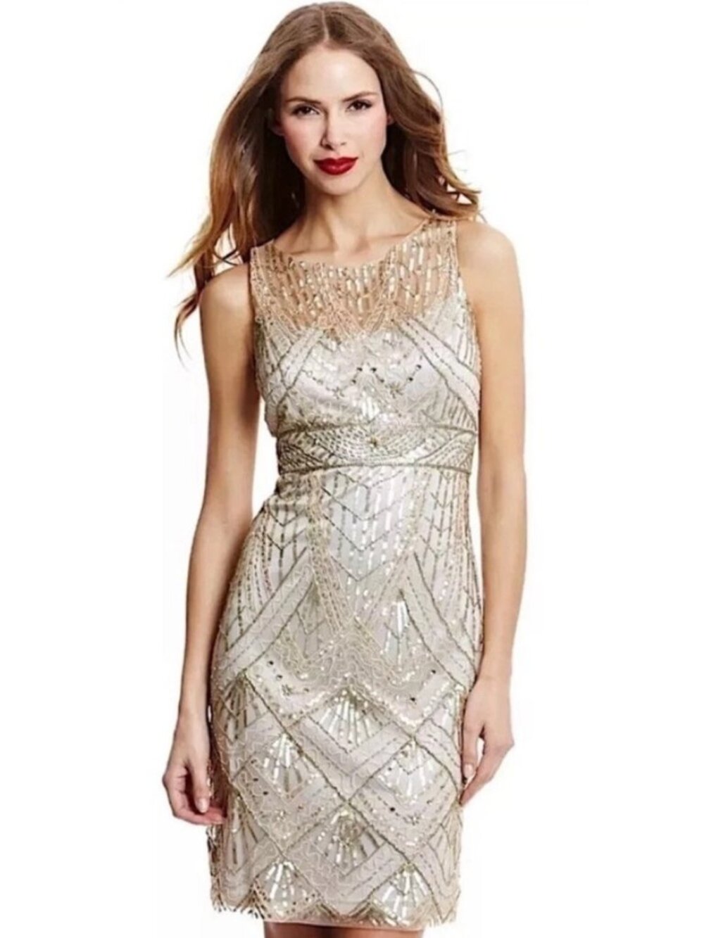 Sue Wong Champagne Gold Beaded Dress Size 10 Gatsby Flapper Cocktail